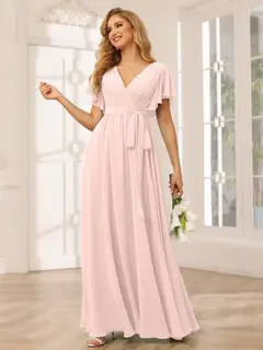 A-Line/Princess V-Neck Short Sleeves Floor-Length Bridesmaid Dresses with Sash — view 29