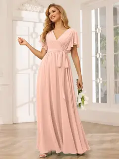 A-Line/Princess V-Neck Short Sleeves Floor-Length Bridesmaid Dresses with Sash — view 30
