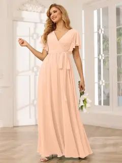 A-Line/Princess V-Neck Short Sleeves Floor-Length Bridesmaid Dresses with Sash — view 31
