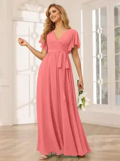 A-Line/Princess V-Neck Short Sleeves Floor-Length Bridesmaid Dresses with Sash — view 34