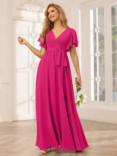 A-Line/Princess V-Neck Short Sleeves Floor-Length Bridesmaid Dresses with Sash — view 36