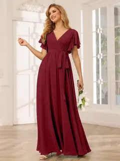 A-Line/Princess V-Neck Short Sleeves Floor-Length Bridesmaid Dresses with Sash — view 39