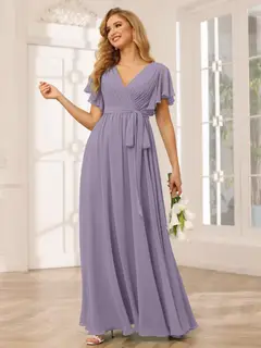 A-Line/Princess V-Neck Short Sleeves Floor-Length Bridesmaid Dresses with Sash — view 41
