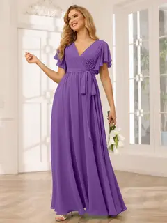 A-Line/Princess V-Neck Short Sleeves Floor-Length Bridesmaid Dresses with Sash — view 44