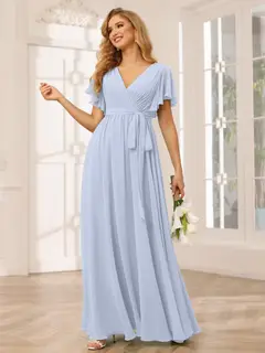 A-Line/Princess V-Neck Short Sleeves Floor-Length Bridesmaid Dresses with Sash — view 50
