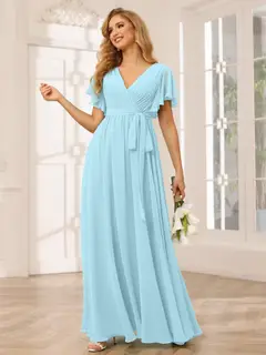 A-Line/Princess V-Neck Short Sleeves Floor-Length Bridesmaid Dresses with Sash — view 51