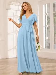 A-Line/Princess V-Neck Short Sleeves Floor-Length Bridesmaid Dresses with Sash — view 52