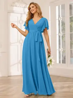 A-Line/Princess V-Neck Short Sleeves Floor-Length Bridesmaid Dresses with Sash — view 55