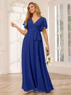 A-Line/Princess V-Neck Short Sleeves Floor-Length Bridesmaid Dresses with Sash — view 58
