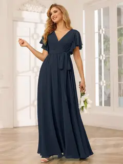 A-Line/Princess V-Neck Short Sleeves Floor-Length Bridesmaid Dresses with Sash — view 61