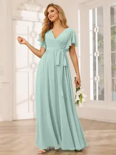 A-Line/Princess V-Neck Short Sleeves Floor-Length Bridesmaid Dresses with Sash — view 62