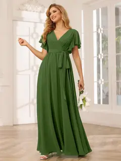 A-Line/Princess V-Neck Short Sleeves Floor-Length Bridesmaid Dresses with Sash — view 67
