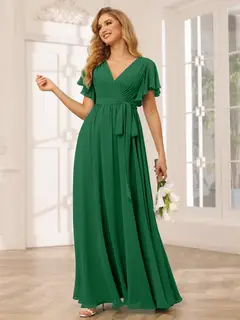 A-Line/Princess V-Neck Short Sleeves Floor-Length Bridesmaid Dresses with Sash — view 69