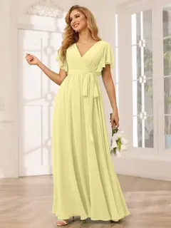 A-Line/Princess V-Neck Short Sleeves Floor-Length Bridesmaid Dresses with Sash — view 71