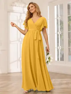 A-Line/Princess V-Neck Short Sleeves Floor-Length Bridesmaid Dresses with Sash — view 72
