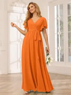 A-Line/Princess V-Neck Short Sleeves Floor-Length Bridesmaid Dresses with Sash — view 74