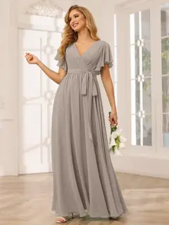 A-Line/Princess V-Neck Short Sleeves Floor-Length Bridesmaid Dresses with Sash — view 75