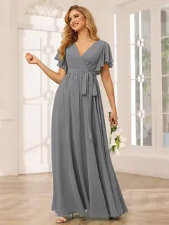 A-Line/Princess V-Neck Short Sleeves Floor-Length Bridesmaid Dresses with Sash — view 77