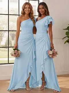 A-Line/Princess One-Shoulder Chiffon Bridesmaid Dresses Short Sleeve Asymmetrical Floor Length Ruffles — view 1