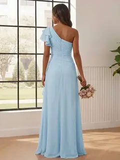 A-Line/Princess One-Shoulder Chiffon Bridesmaid Dresses Short Sleeve Asymmetrical Floor Length Ruffles — view 2
