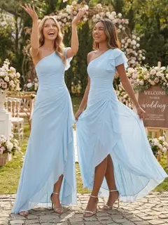 A-Line/Princess One-Shoulder Chiffon Bridesmaid Dresses Short Sleeve Asymmetrical Floor Length Ruffles — view 4