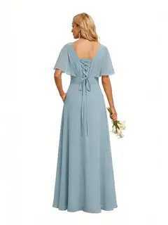 A-Line/Princess V-Neck Short Sleeves Floor-length Bridesmaid Dresses With Chiffon — view 2