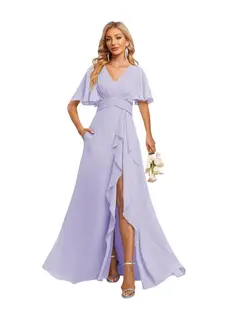 A-Line/Princess V-Neck Short Sleeves Floor-length Bridesmaid Dresses With Chiffon — view 3