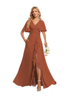 A-Line/Princess V-Neck Short Sleeves Floor-length Bridesmaid Dresses With Chiffon — view 6