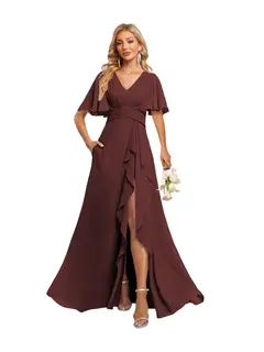 A-Line/Princess V-Neck Short Sleeves Floor-length Bridesmaid Dresses With Chiffon — view 8