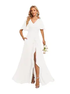A-Line/Princess V-Neck Short Sleeves Floor-length Bridesmaid Dresses With Chiffon — view 9