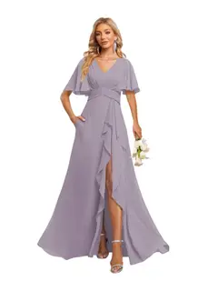 A-Line/Princess V-Neck Short Sleeves Floor-length Bridesmaid Dresses With Chiffon — view 11