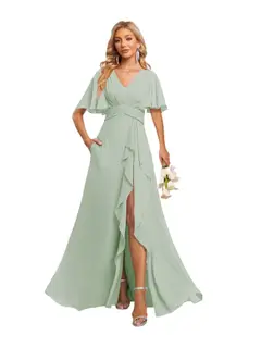A-Line/Princess V-Neck Short Sleeves Floor-length Bridesmaid Dresses With Chiffon — view 12