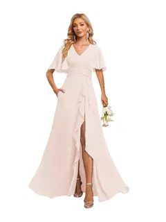 A-Line/Princess V-Neck Short Sleeves Floor-length Bridesmaid Dresses With Chiffon — view 13
