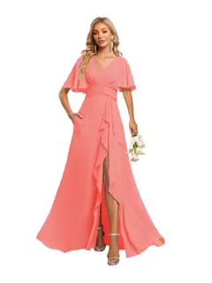 A-Line/Princess V-Neck Short Sleeves Floor-length Bridesmaid Dresses With Chiffon — view 15