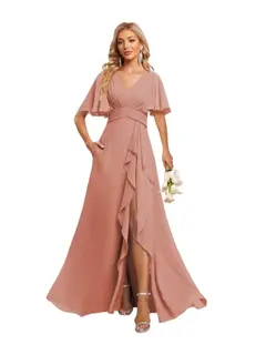 A-Line/Princess V-Neck Short Sleeves Floor-length Bridesmaid Dresses With Chiffon — view 17