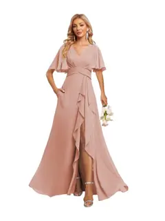 A-Line/Princess V-Neck Short Sleeves Floor-length Bridesmaid Dresses With Chiffon — view 19