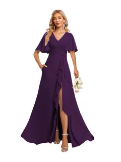 A-Line/Princess V-Neck Short Sleeves Floor-length Bridesmaid Dresses With Chiffon — view 20