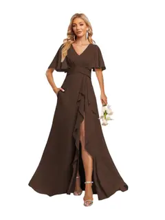 A-Line/Princess V-Neck Short Sleeves Floor-length Bridesmaid Dresses With Chiffon — view 21