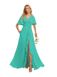 A-Line/Princess V-Neck Short Sleeves Floor-length Bridesmaid Dresses With Chiffon — view 24