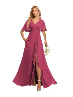 A-Line/Princess V-Neck Short Sleeves Floor-length Bridesmaid Dresses With Chiffon — view 25