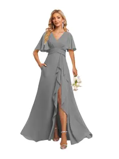A-Line/Princess V-Neck Short Sleeves Floor-length Bridesmaid Dresses With Chiffon — view 26