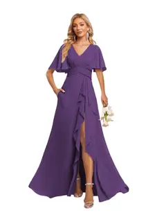 A-Line/Princess V-Neck Short Sleeves Floor-length Bridesmaid Dresses With Chiffon — view 28