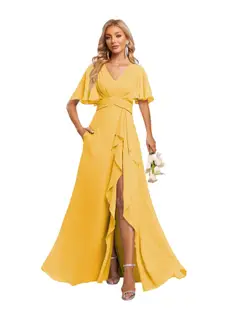 A-Line/Princess V-Neck Short Sleeves Floor-length Bridesmaid Dresses With Chiffon — view 32