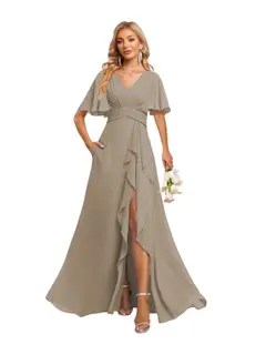 A-Line/Princess V-Neck Short Sleeves Floor-length Bridesmaid Dresses With Chiffon — view 34