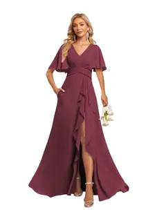 A-Line/Princess V-Neck Short Sleeves Floor-length Bridesmaid Dresses With Chiffon — view 36