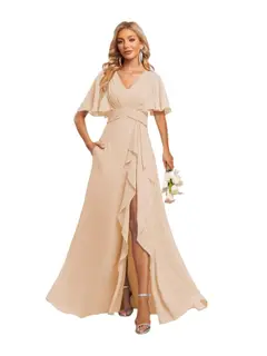 A-Line/Princess V-Neck Short Sleeves Floor-length Bridesmaid Dresses With Chiffon — view 37