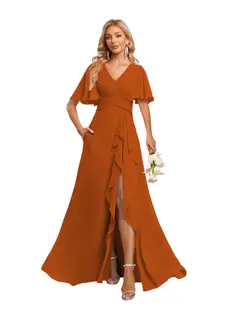 A-Line/Princess V-Neck Short Sleeves Floor-length Bridesmaid Dresses With Chiffon — view 38