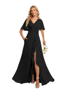 A-Line/Princess V-Neck Short Sleeves Floor-length Bridesmaid Dresses With Chiffon — view 39