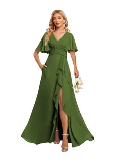 A-Line/Princess V-Neck Short Sleeves Floor-length Bridesmaid Dresses With Chiffon — view 41