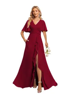 A-Line/Princess V-Neck Short Sleeves Floor-length Bridesmaid Dresses With Chiffon — view 42